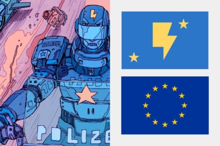<p><strong>Figure 2.2</strong> Stars make many appearances on the uniforms of authorities (left), and also on the Robotic Union flag (top right), which echo the symbol of the European Union (bottom right).</p>
