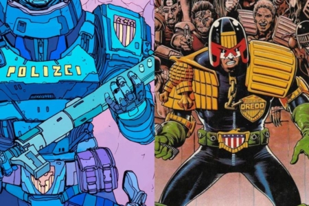 <p><strong>Figure 2.3</strong> Police from Robo-City 16 are adorned in shields, similar to those we see on Judge Dredd, who polices Mega-City One in the <em>2000 AD</em> comic.</p>