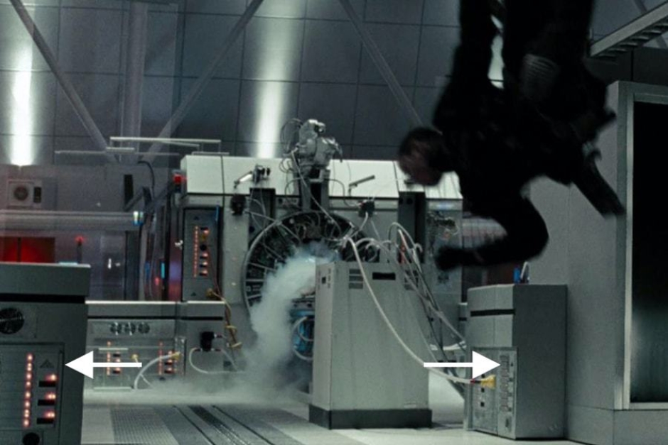 <p><strong>Figure 4.9</strong> When John Connor is thrown around by the T-800, we see some tiny triangles on the hardware in the room. Source: <em>Terminator: Salvation</em></p>