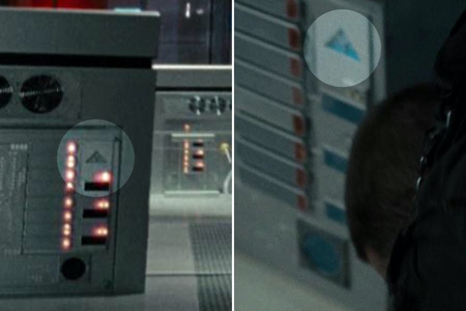 <p><strong>Figure 4.10</strong> A closer look at those triangles, reveals the Skynet mark cast in the metal surfaces of the computer equipment. Source: <em>Terminator: Salvation</em></p>