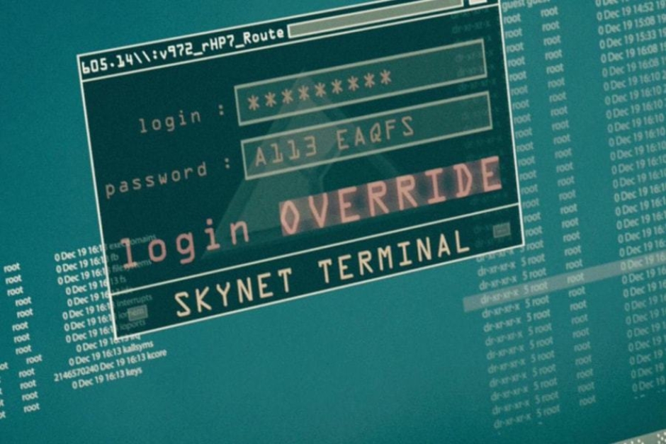 <p><strong>Figure 5.1</strong> When the team that John Connor is with infiltrates the underground Skynet site, they access a terminal. Behind the login, we see a 3-D render of the Skynet logo — the only instance in the film. Source: <em>Terminator: Salvation</em></p>