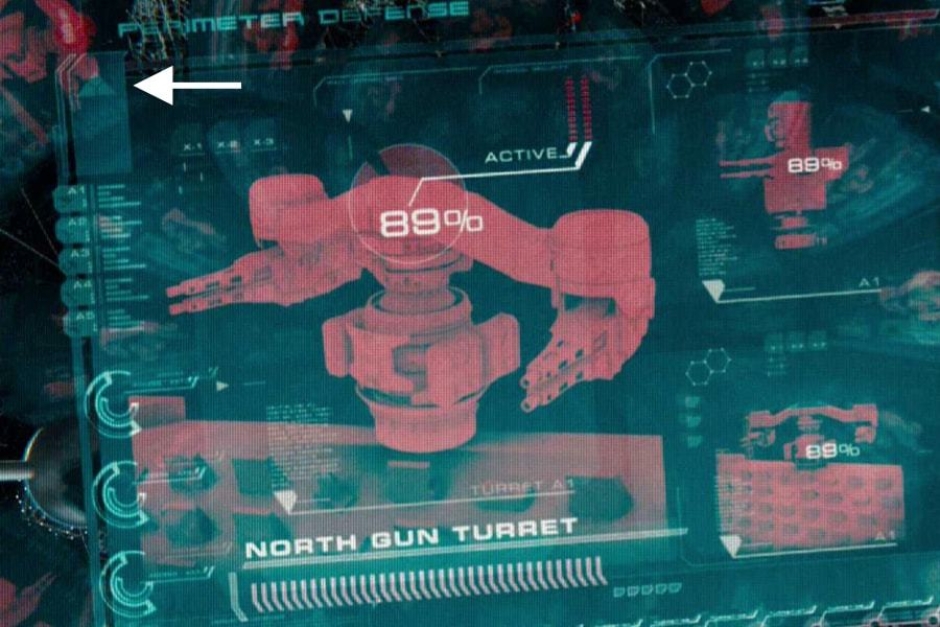 <p><strong>Figure 5.3</strong> When Marcus deactivates the perimeter defense of Skynet Central for John Connor, we see the mark in white on the GUI’s top left. Source: <em>Terminator: Salvation</em></p>