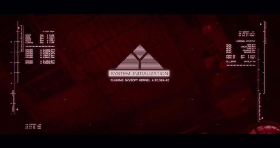 <p><strong>Figure 5.6</strong> What a system startup looks like from the red-tinted machine vision of a Series 800 Terminator. The Skynet mark animates on line by line, as the “Skysoft Kernel” runs. Source: <em>Terminator: Genisys</em></p>