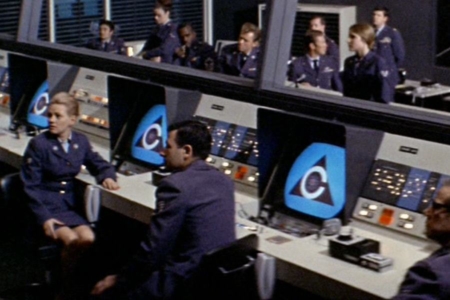 <p><strong>Figure 6.5</strong> The superintelligent artificial intelligence Colossus stating its intent to enforce peace with nuclear force. Its face to the world, is the logo it was given by its human creators. Source: <em>Colossus: The Forbin Project</em></p>