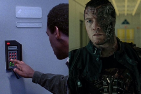 <p><strong>Figure 6.6</strong> The Cyberdyne Systems logo on a door in <em>T2</em> blends into the environment (left), while the Skynet logo above a door in <em>Salvation</em> seems placed for effect within the shot (right). </p>
