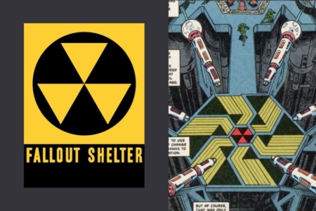 <p><strong>Figure 7.1</strong> The fallout shelter symbol (left), even found its way into the first Dark Horse <em>Terminator</em> comics, where it was used in the time displacement chamber. This is was published in 1990, the year <em>T2</em> went into production.</p>