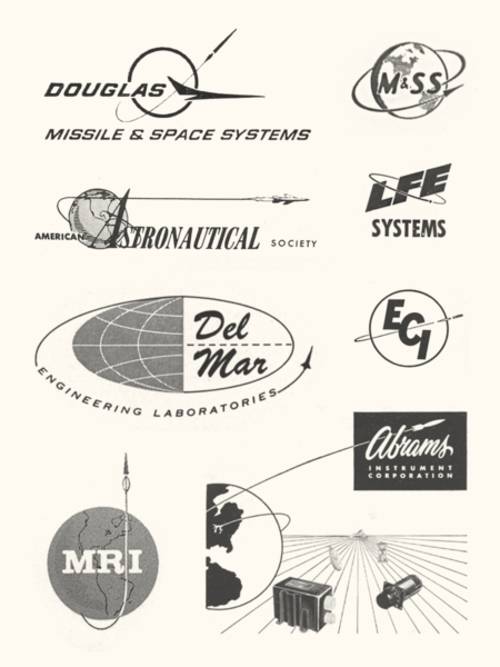 <p><strong>Figure 2.2</strong> Examples of logos featuring orbiting spacecraft, found in Space Age commercial advertising.</p>
