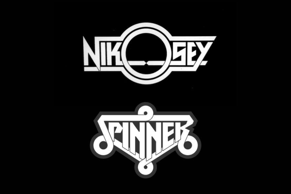 <p><strong>Figure 3.8</strong> Southwell’s identity designs for Nikosey and Spinner, stacked up for easier comparison. Note the similarly styled letterforms, and their use of extending lines to encapsulate the names.</p>