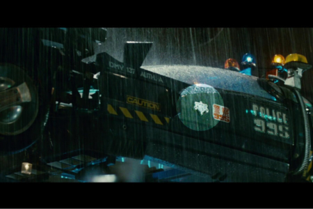 <p><strong>Figure 4.1</strong> As Deckard and Gaff depart to meet Captain Bryant, we can see the metallic Spinner decal on the side of the vehicle.</p>