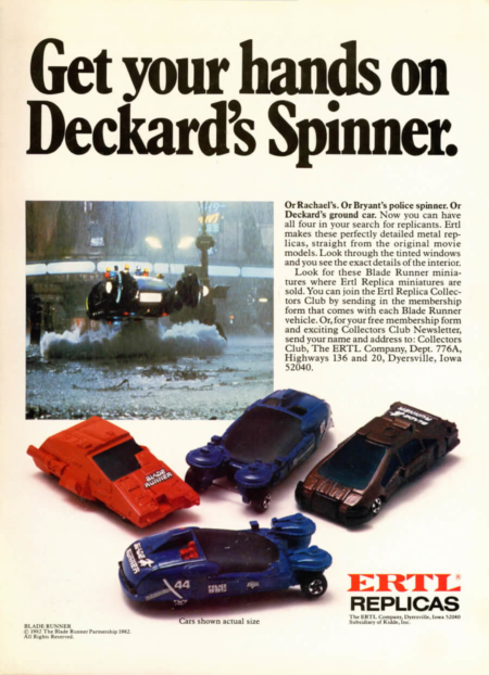 <p><strong>Figure 5.1</strong> A full-page 1982 advertisement for Ertl Replica miniatures of vehicles that appeared in <em>Blade Runner</em>. Source: <em>Blade Runner Souvenir Magazine</em></p>