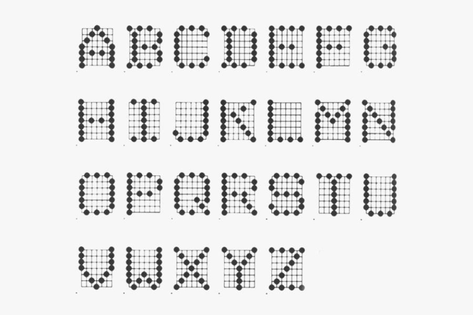 <p><strong>Figure 2.5</strong> A set of 7x7 dot matrix characters from the 1980s, created by Centronics Data Computer. Source: <em>High Tech Trademarks Vol 1.</em></p>