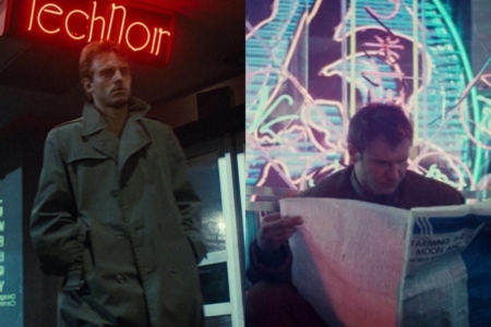 <p><strong>Figure 2.1</strong> Director James Cameron named the nightclub Tech Noir (left), as an homage to films like <em>Blade Runner</em> (right), that blend sci-fi and noir in a number of ways.</p>