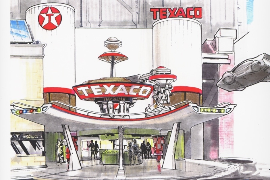 <p><strong>Figure 2.1</strong> Ed Verreaux’s design for the futuristic Texaco service station, which features large logo placements that separate the symbol and the logotype. Source: <em>Back to the Future: The Ultimate Visual History</em></p>
