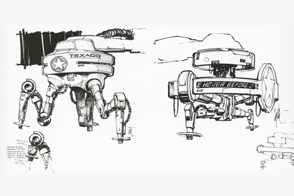 <p><strong>Figure 2.2</strong> Concept drawings by Ed Eyth, showing different takes on the Texaco service robot. Note the different approaches to logo placement. Source: <em>Back to the Future: The Ultimate Visual History</em></p>