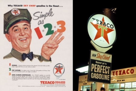 <p>Figure 3.4 From the 1950s, a Texaco ad featuring their iconic uniformed attendant (left), and the logo as it appeared appeared on signage at the time (right). Source: <em>www.texaco.com</em></p>