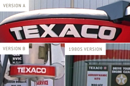 <p><strong>Figure 4.2</strong> In the year 2015, we see three different logotypes used around the Texaco service station. Two are new to Marty, and one is a familiar design from the 1980s.</p>