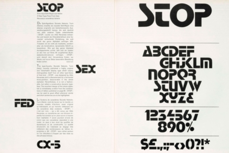 <p><strong>Figure 4.6</strong> Released by the type foundry Nebiolo in 1970, Stop is a capitals-only geometric san serif typeface that calls to mind technology and computing with its abstracted letterforms. Image Source: <em>Index Grafik</em><br /></p>