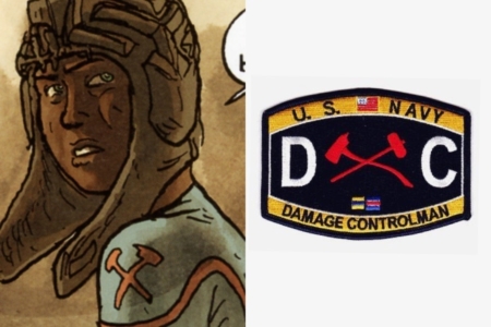 <p><strong>Figure 5.4</strong> Left: Joan, from Engineering, wears insignia for Damage Control on the shoulders of her uniform. Right: The symbol as it is worn by a Damage Controlman in the US Navy. Source: US Navy</p>