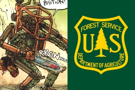 <p><strong>Figure 5.5</strong> Left: The habitat forestry symbol is visible on the chest of a powered-exoskeleton. Right: The pine tree is a common symbol used for forestry services past and present, in the US. Source: USDA</p>