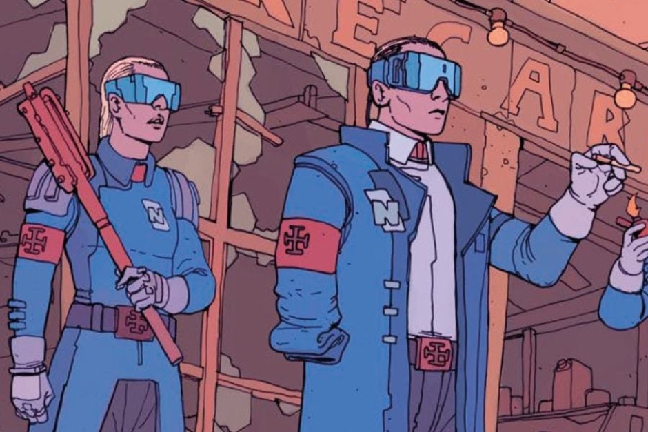 <p><strong>Figure 3.2</strong> Miltia members also wear armbands bearing the symbol, and dress in blue uniforms — a combo with fascist overtones.</p>