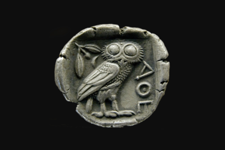 <p><strong>Figure 2.3</strong> Coin at the Museum of Fine Arts of Lyon depicting the owl of Athena (circa 480–420 BC). Source: Wikimedia Commons</p>