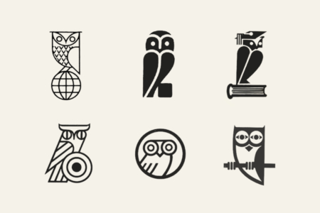 <p><strong>Figure 2.4</strong> Owl logos tend to represent entities involved in knowledge or education, like publishers or schools (top row). It is also common to see them used for scientific or technical entities involved in vision or optics (bottom row).</p>