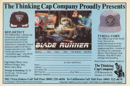 <p><strong>Figure 3.4</strong> Officially licensed <em>Blade Runner</em> hats featuring the Tyrell Corp logo were available for mail order in magazines, in 1982. Source: <em>Blade Runner Souvenir Magazine</em></p>