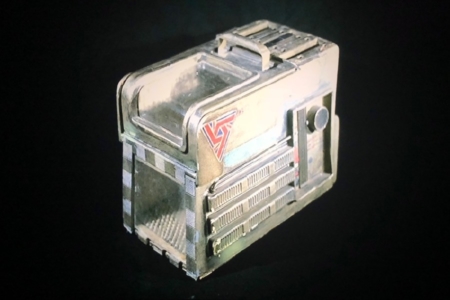 <p><strong>Figure 1.4</strong> From the collection of Bob Burns, the original cat carrier prop, which features a UK-7 decal on the side. Source: <em>Aliens in the Basement</em></p>