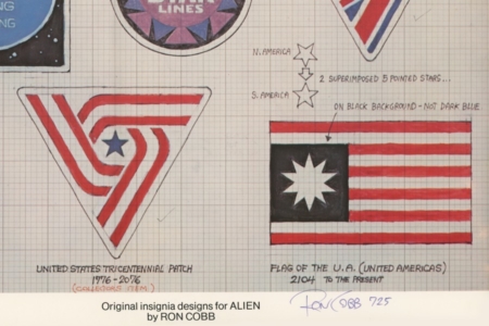 <p><strong>Figure 1.1</strong> Ron Cobb’s original drawing for the US Tricentennial symbol (left), and the flag of the United Americas (right). Source: <em>The Authorized Portfolio of Crew Insignias from The UNITED STATES COMMERCIAL SPACESHIP NOSTROMO Designs and Realizations</em></p>