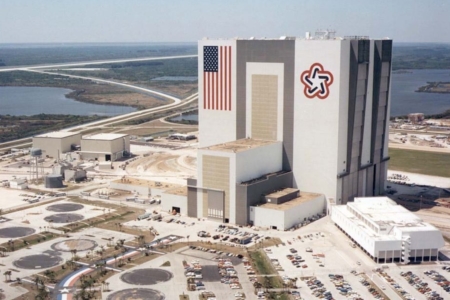 <p><strong>Figure 1.3</strong> The American Bicentennial logo as it appeared on Vehicle Assembly Building at the Kennedy Space Center in 1976 (removed in 1998). Source: <em>NASA</em></p>