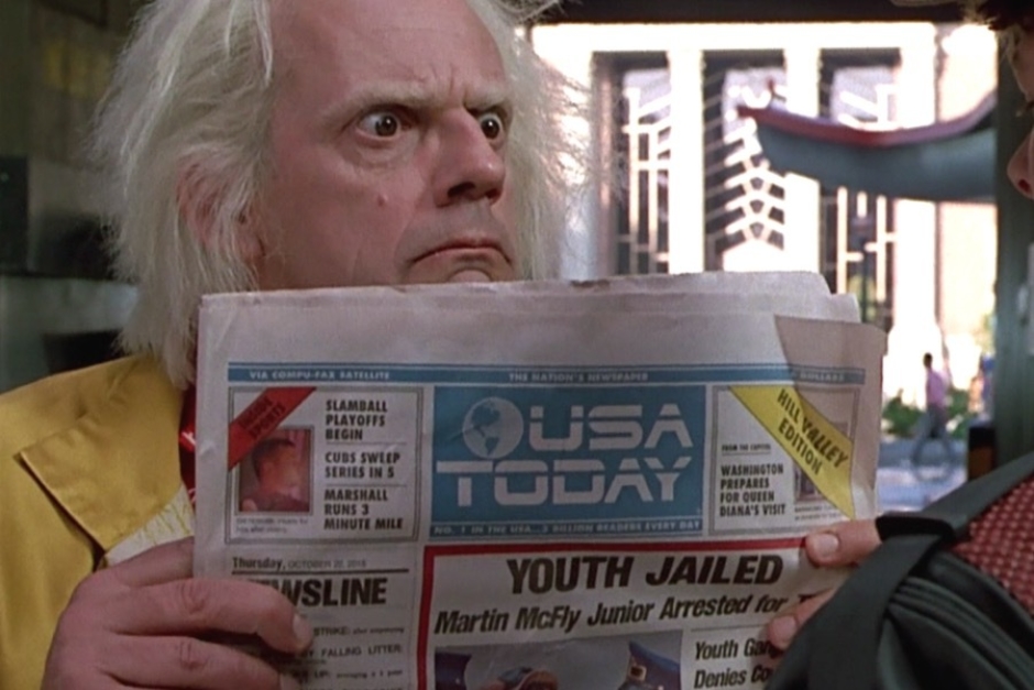 <p><strong>Figure 1.1</strong> The first time we see the <em>USA Today</em> logo, it is on the newspaper Doc Brown shares with Marty, which shows his son being arrested.</p>