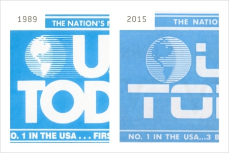 <p><strong>Figure 2.4</strong> A side-by-side comparison of the <em>USA Today</em> globes — real-world 1989 version on the left, and fictional 2015 version on the right.</p>