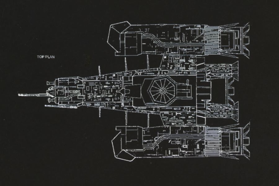<p><strong>Figure 1.7</strong> An accurate drawing of the USCSS Nostromo as it appeared in the film, from an overhead view. Source: <em>Alien: The Archive</em></p>