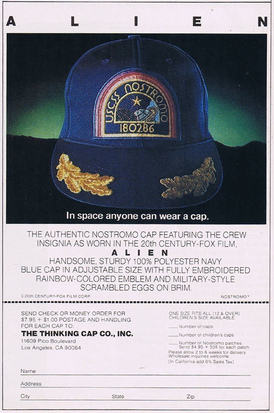 <p><strong>Figure 5.6</strong> The dark blue version of the USCSS NOSTROMO patch appeared on a cap sold by The Thinking Cap Co. Source: <em>Starlog Magazine</em>, Nov 1979.</p>