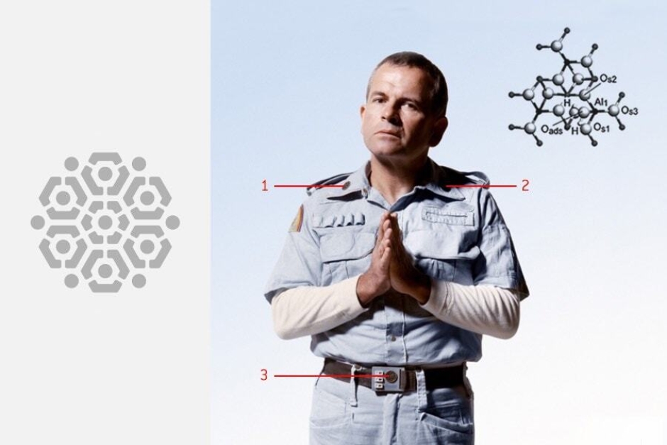 <p><strong>Figure 7.9</strong> Ash is wearing the max number of badges — 3 of them, each in its proper place. The Science Officer insignia is a “molecular cluster,” in reference to molecular graphics/models used in chemistry (top right).</p>