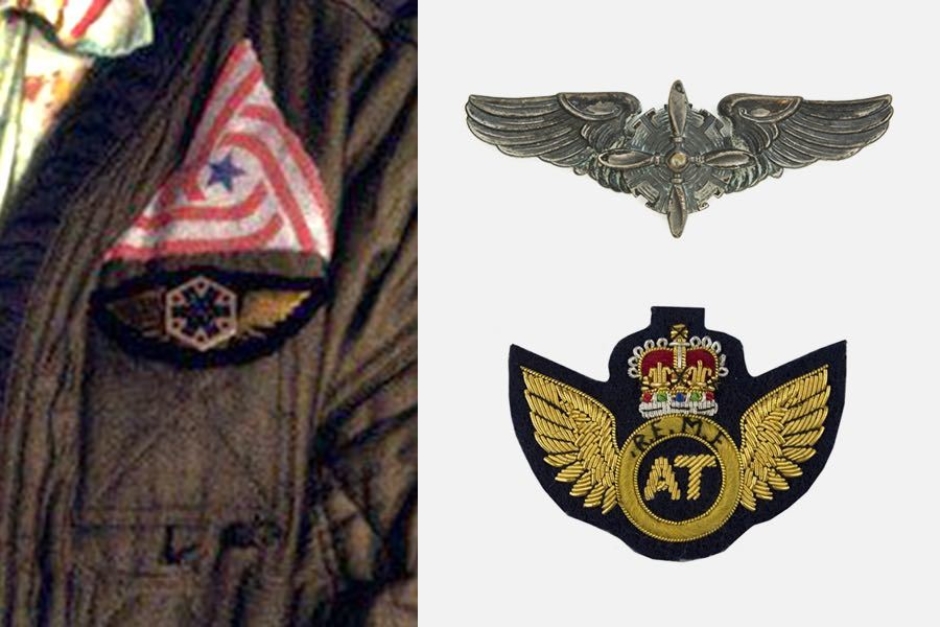 <p><strong>Figure 7.12</strong> Brett’s badge was likely inspired by vintage military insignia, for example: US Army Flight Engineer (top right) and British Air Technician (bottom right). Sources: <em>Air Mobility Command Museum</em>; <em>Wydean</em></p>