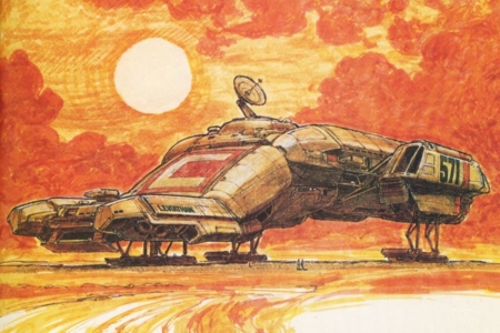 <p><strong>Figure 2.1</strong> Concept art by Ron Cobb, when the ship’s early working name was Leviathan. Here we see more exterior graphics, and what might be a logotype, applied to the exterior. Source: <em>The Book of Alien</em></p>