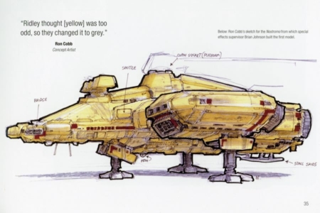 <p><strong>Figure 2.2</strong> Ron Cobb’s “Nostromo A” sketch — one of many concepts handed off to the FX team for actual construction of the models and sets — was selected to inspire the final build. Director Ridley Scott made the decision to lose the yellow paint job. Source: <em>Alien: The Archive</em></p>