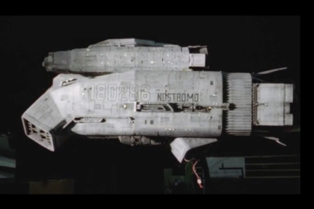 <p><strong>Figure 2.3</strong> In this production photo, we can see the Nostromo’s name and registration number on the port side engine. Source: <em>Alien Makers</em></p>