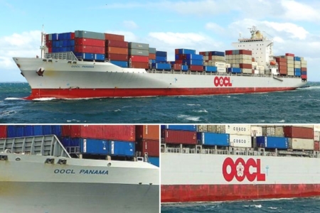 <p><strong>Figure 2.6</strong> Example of a container ship bearing its name on the bow, and the corporate logo on the side. Source: <em>Wikipedia</em></p>