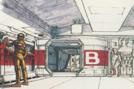 <p><strong>Figure 3.1</strong> In some of Ron Cobb’s concept sketches, we see the color red applied across interiors, uniforms, space suits, and the shuttle, in such a way that it could be said it was an element in the Nostromo’s overall visual identity. Source: <em>The Book of Alien</em></p>