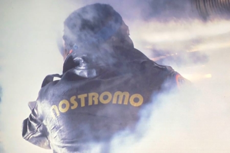 <p><strong>Figure 4.1</strong> On the back of Parker’s jacket, “NOSTROMO” is typeset in Pump. Source: Production Image Gallery, <em>The Alien Anthology</em></p>