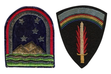 <p><strong>Figure 5.4</strong> Examples of military insignia featuring rainbows. Left: WWII US Army South Atlantic Forces shoulder patch. Right: WWII US Army SHAEF (Supreme Headquarters Allied Expeditionary Force) shoulder patch that was made in the UK. Source: <em>Flying Tiger Antiques Online Store</em></p>