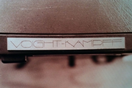 <p><strong>Figure 3.1</strong> The Voight-Kampff logotype as it appeared on the top of the machine prop. Source: Propsummit, Photo by Tom Southwell</p>