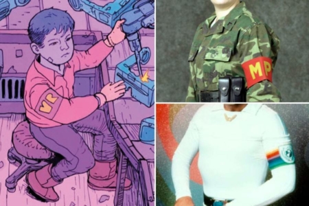 <p><strong>Figure 3.2</strong> Child laborers are branded by the company, where the logo appears on armbands they wear. Armbands are usually associated with military uniforms, in both reality (top right) and sci-fi (bottom right).</p>