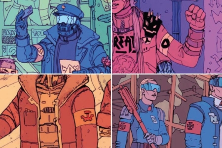 <p><strong>Figure 3.3</strong> Other armbands of political allegiance, from <em>The Future</em> is Now. Clockwise from top left: The Robotic Union, The Enemies of Reality, the Eastern Frontier Federation, and The Network.</p>