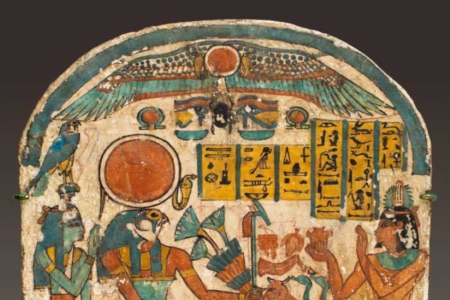 <p><strong>Figure 1.4</strong> In the <em>Stela of Saiah</em>, we see a winged sun disk and other elements painted in turquoise blue colors, similar to those that Weylan-Yutani’s logo appears in. Source: <em>www.metmuseum.org</em></p>